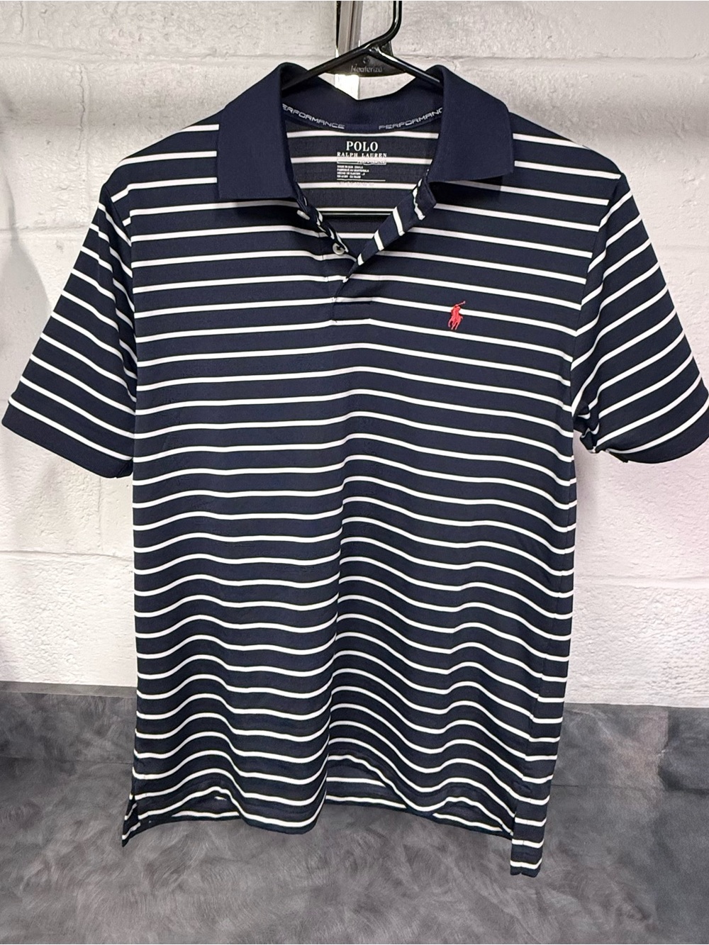 Boys Ralph Lauren Navy & White Striped Polo with Red Pony